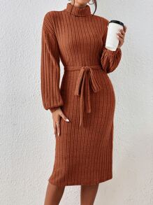 SHEIN Privé Đầm Thắt lưng màu trơn Giải trí - màu nâu - Xem 3