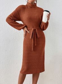 SHEIN Privé Đầm Thắt lưng màu trơn Giải trí - màu nâu - Xem 4