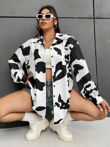 CovetEZ 大碼奶牛圖案落肩袖襯衫 - 黑與白 - 查看 1
