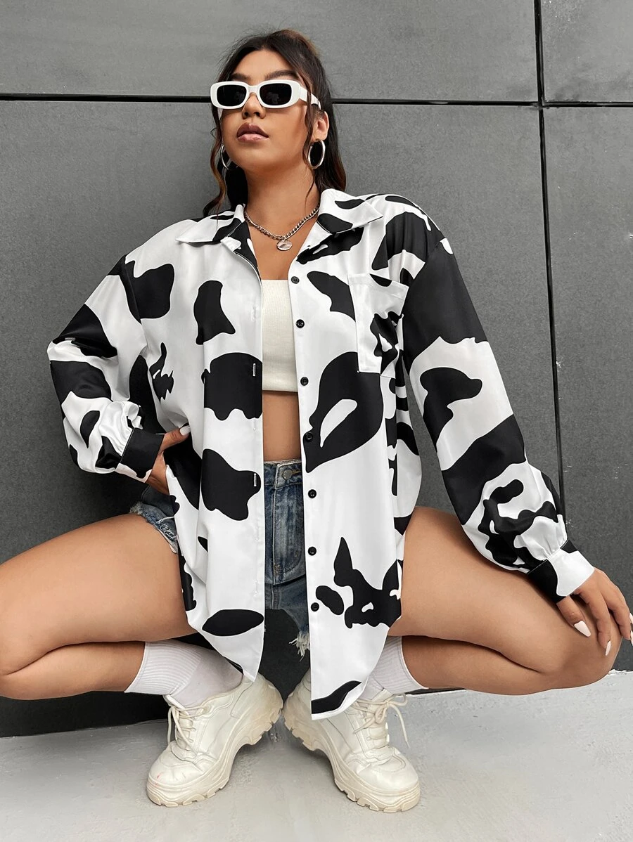 CovetEZ 大碼奶牛圖案落肩袖襯衫 - 黑與白 - 查看 1