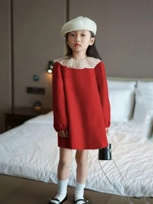 Niñas Vestido en contraste ribete con fruncido - Rojo - Ver 3