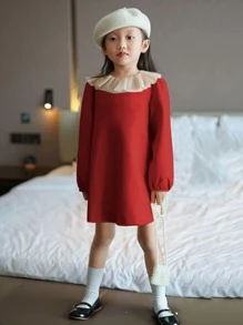 Niñas Vestido en contraste ribete con fruncido - Rojo - Ver 4