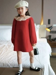Niñas Vestido en contraste ribete con fruncido - Rojo - Ver 5