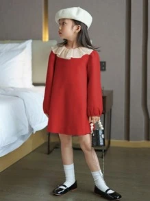 Niñas Vestido en contraste ribete con fruncido - Rojo - Ver 6