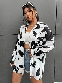 CovetEZ 大碼奶牛圖案落肩袖襯衫 - 黑與白 - 查看 5