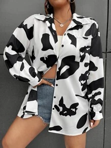 CovetEZ 大碼奶牛圖案落肩袖襯衫 - 黑與白 - 查看 6