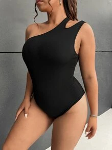 SHEIN EZwear Áo liền quần chặt Kích thước lớn Bất đối xứng Cắt ra màu trơn Giải trí - màu đen - Xem 3