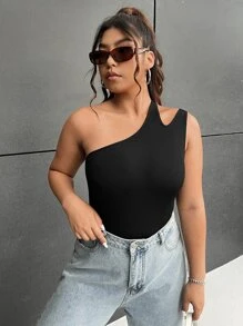 SHEIN EZwear Áo liền quần chặt Kích thước lớn Bất đối xứng Cắt ra màu trơn Giải trí - màu đen - Xem 4