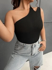 SHEIN EZwear Áo liền quần chặt Kích thước lớn Bất đối xứng Cắt ra màu trơn Giải trí - màu đen - Xem 1