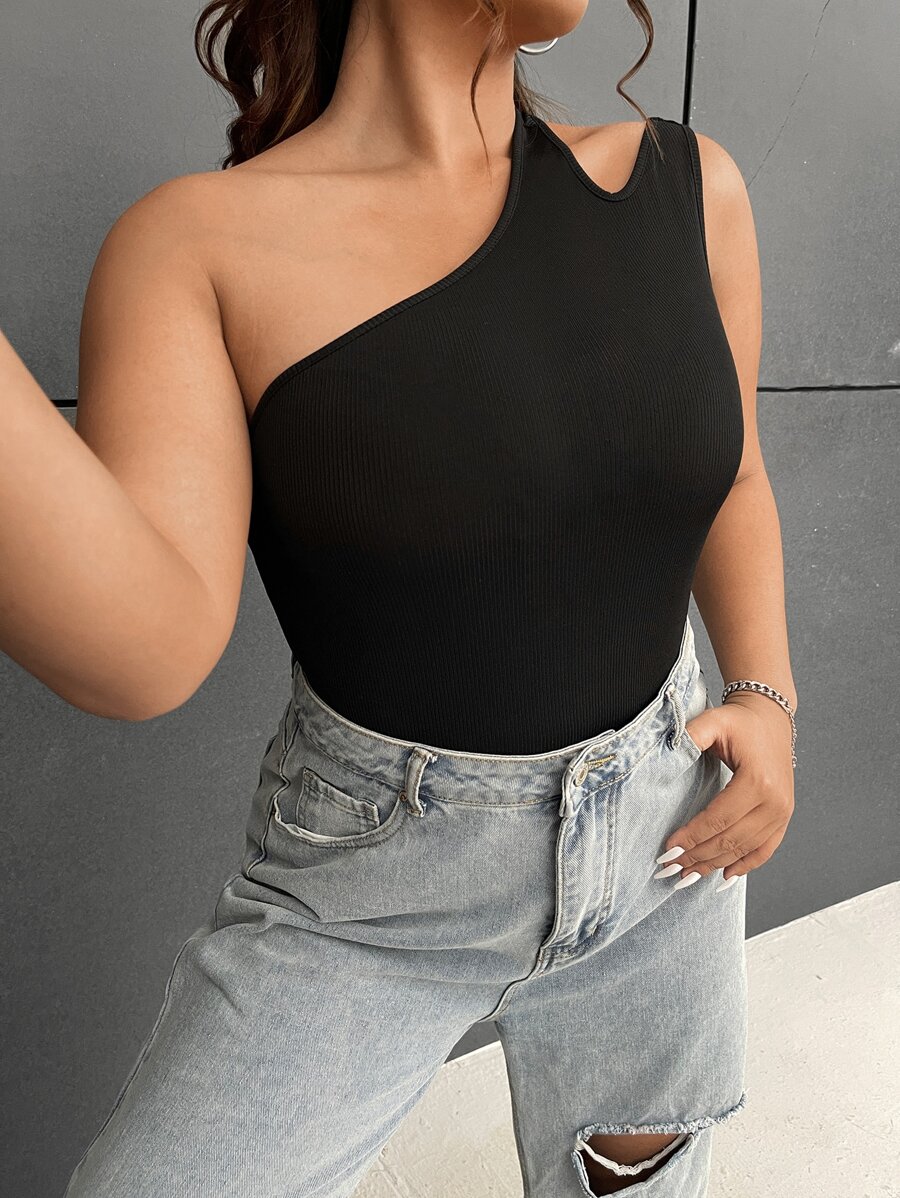 SHEIN EZwear Áo liền quần chặt Kích thước lớn Bất đối xứng Cắt ra màu trơn Giải trí - màu đen - Xem 1