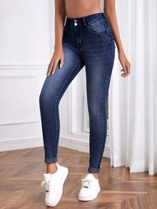 SHEIN Tall Jeans ajustados de talle alto - Azul lavado oscuro - Ver 3