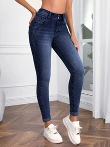 SHEIN Tall Jeans ajustados de talle alto - Azul lavado oscuro - Ver 4
