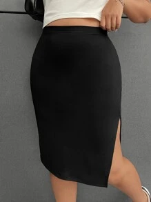 SHEIN EZwear 大碼高腰高衩半身裙 - 黑色 - 查看 1