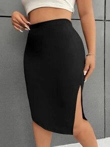 SHEIN EZwear 大碼高腰高衩半身裙 - 黑色 - 查看 3