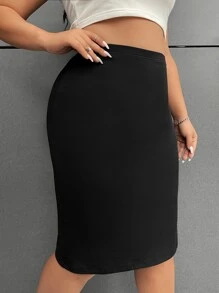 SHEIN EZwear 大碼高腰高衩半身裙 - 黑色 - 查看 4