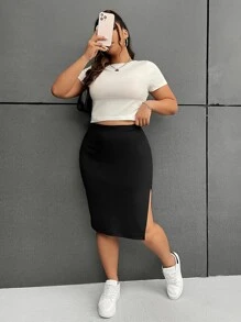 SHEIN EZwear 大碼高腰高衩半身裙 - 黑色 - 查看 5