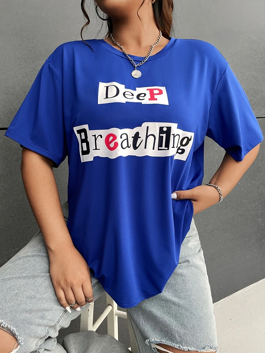 SHEIN EZwear Plus Letter Graphic Drop Shoulder Tee - Royal Blue - View 1