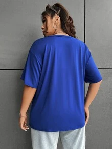 SHEIN EZwear Plus Letter Graphic Drop Shoulder Tee - Royal Blue - View 2