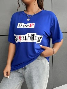 SHEIN EZwear Plus Letter Graphic Drop Shoulder Tee - Royal Blue - View 3