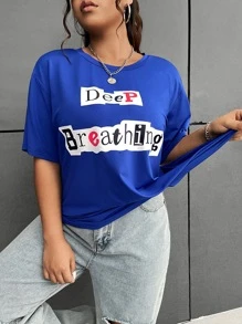 SHEIN EZwear Plus Letter Graphic Drop Shoulder Tee - Royal Blue - View 4