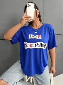 SHEIN EZwear Plus Letter Graphic Drop Shoulder Tee - Royal Blue - View 5