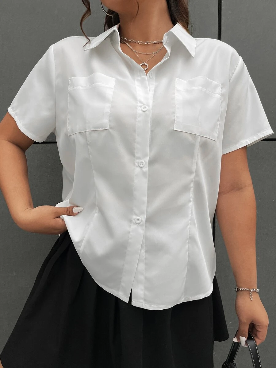 SHEIN Qutie 大碼雙口袋前紐扣襯衫 - 白色 - 查看 1