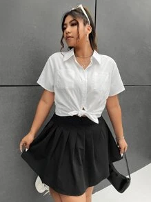 SHEIN Qutie 大碼雙口袋前紐扣襯衫 - 白色 - 查看 4
