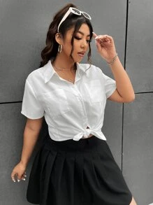 SHEIN Qutie 大碼雙口袋前紐扣襯衫 - 白色 - 查看 5