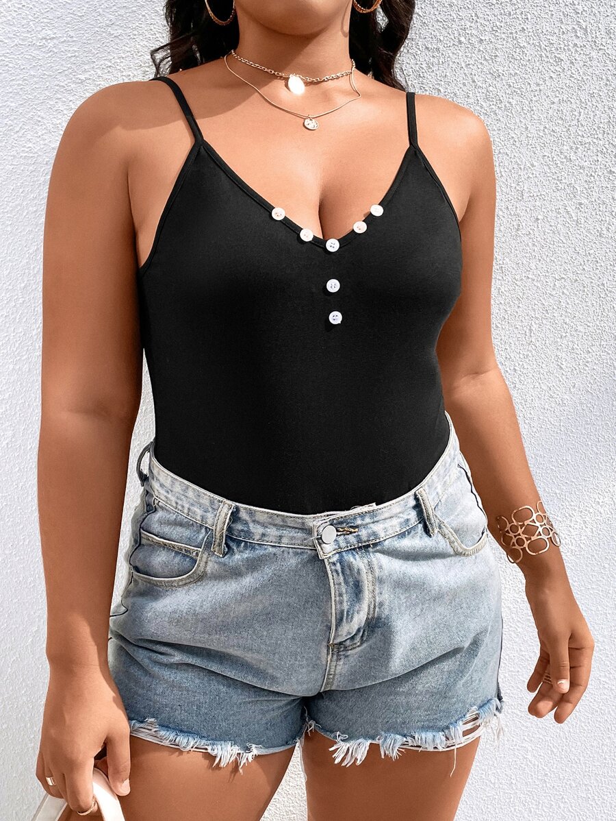 SHEIN Holidaya Áo liền quần chặt Kích thước lớn Nút màu trơn Giải trí - màu đen - Xem 1