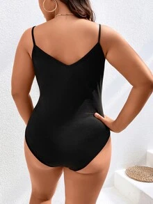 SHEIN Holidaya Áo liền quần chặt Kích thước lớn Nút màu trơn Giải trí - màu đen - Xem 2