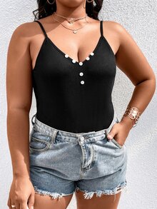 SHEIN Holidaya Áo liền quần chặt Kích thước lớn Nút màu trơn Giải trí - màu đen - Xem 4