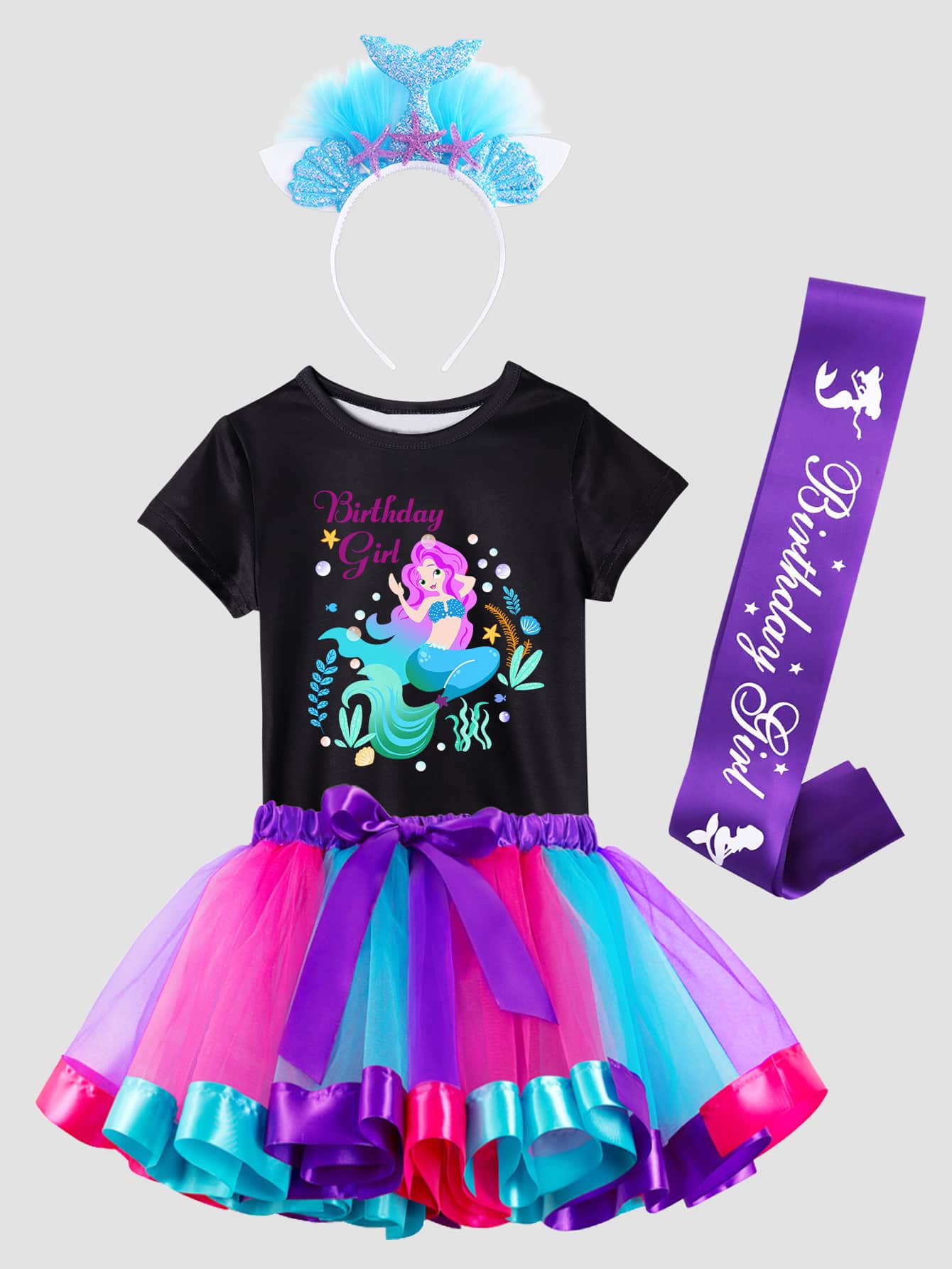 Små Flickor Svart Sjöjungfru Tryckt T-shirts Och Tutu Party För Födelsedagsfest