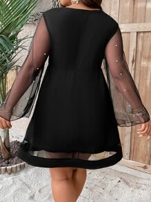 SHEIN Clasi Plus Pearls Beaded Contrast Mesh Overlap Collar Dress - Black - View 2