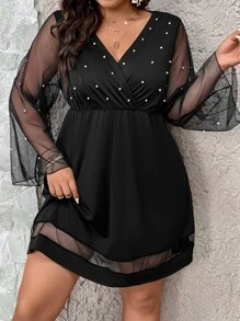 SHEIN Clasi Plus Pearls Beaded Contrast Mesh Overlap Collar Dress - Black - View 4