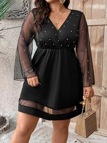 SHEIN Clasi Plus Pearls Beaded Contrast Mesh Overlap Collar Dress - Black - View 5