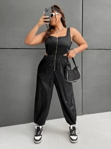SHEIN EZwear 大碼戶外運動風拉鏈開襟腰部鏤空無袖連體褲 - 黑色 - 查看 1
