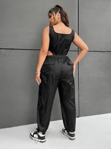 SHEIN EZwear 大碼戶外運動風拉鏈開襟腰部鏤空無袖連體褲 - 黑色 - 查看 2