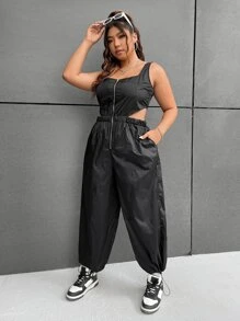 SHEIN EZwear 大碼戶外運動風拉鏈開襟腰部鏤空無袖連體褲 - 黑色 - 查看 3