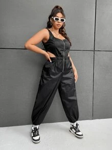 SHEIN EZwear 大碼戶外運動風拉鏈開襟腰部鏤空無袖連體褲 - 黑色 - 查看 4