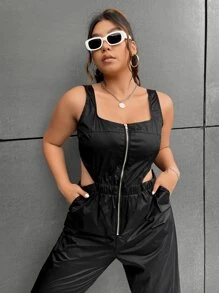 SHEIN EZwear 大碼戶外運動風拉鏈開襟腰部鏤空無袖連體褲 - 黑色 - 查看 5