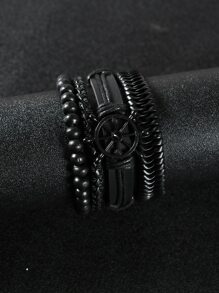 Hombres 4 piezas Pulsera a capas con diseño redondo - Negro - Ver 1