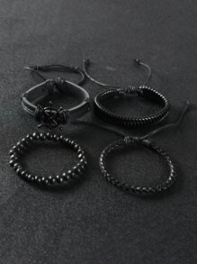 Hombres 4 piezas Pulsera a capas con diseño redondo - Negro - Ver 2