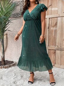 SHEIN LUNE Vestido brillante de cuello cruzado de manga mariposa bajo con fruncido - Verde Oscuro - Ver 2