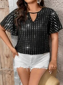 SHEIN Clasi Plus Keyhole Neckline Butterfly Sleeve Sequin Decor Blouse - Black - View 1