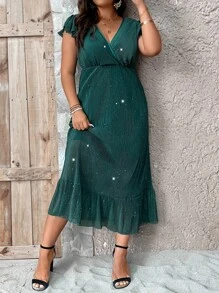 SHEIN LUNE Vestido brillante de cuello cruzado de manga mariposa bajo con fruncido - Verde Oscuro - Ver 3