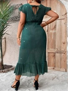 SHEIN LUNE Vestido brillante de cuello cruzado de manga mariposa bajo con fruncido - Verde Oscuro - Ver 4
