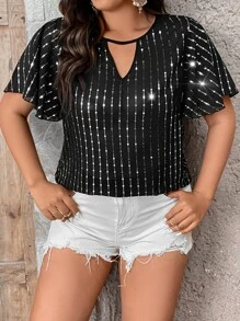 SHEIN Clasi Plus Keyhole Neckline Butterfly Sleeve Sequin Decor Blouse - Black - View 3