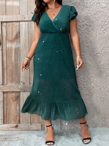 SHEIN LUNE Vestido brillante de cuello cruzado de manga mariposa bajo con fruncido - Verde Oscuro - Ver 5
