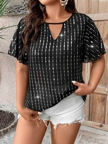 SHEIN Clasi Plus Keyhole Neckline Butterfly Sleeve Sequin Decor Blouse - Black - View 4