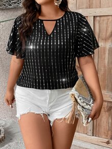 SHEIN Clasi Plus Keyhole Neckline Butterfly Sleeve Sequin Decor Blouse - Black - View 5